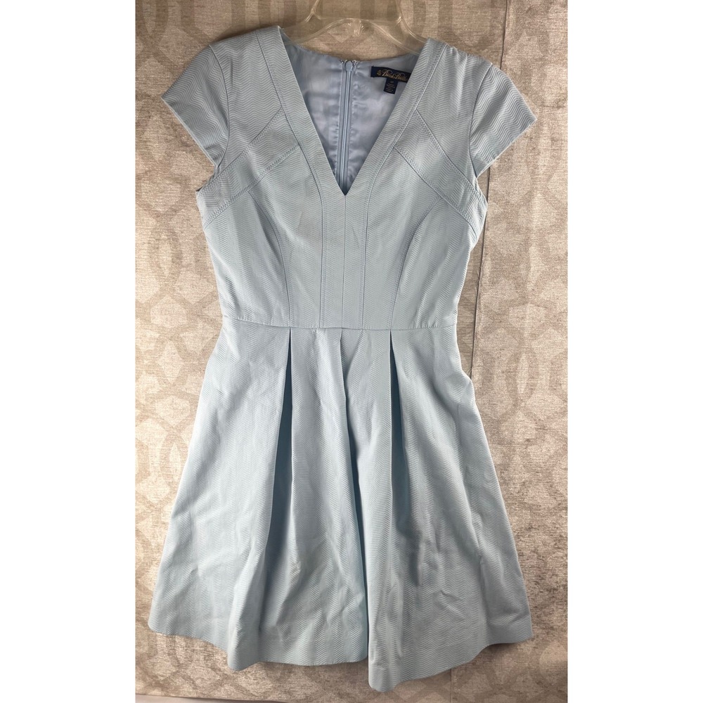 Brooks Brothers Dress Womens 4P Blue V-Neck Chevron Cotton Fit Flare Italian Fab